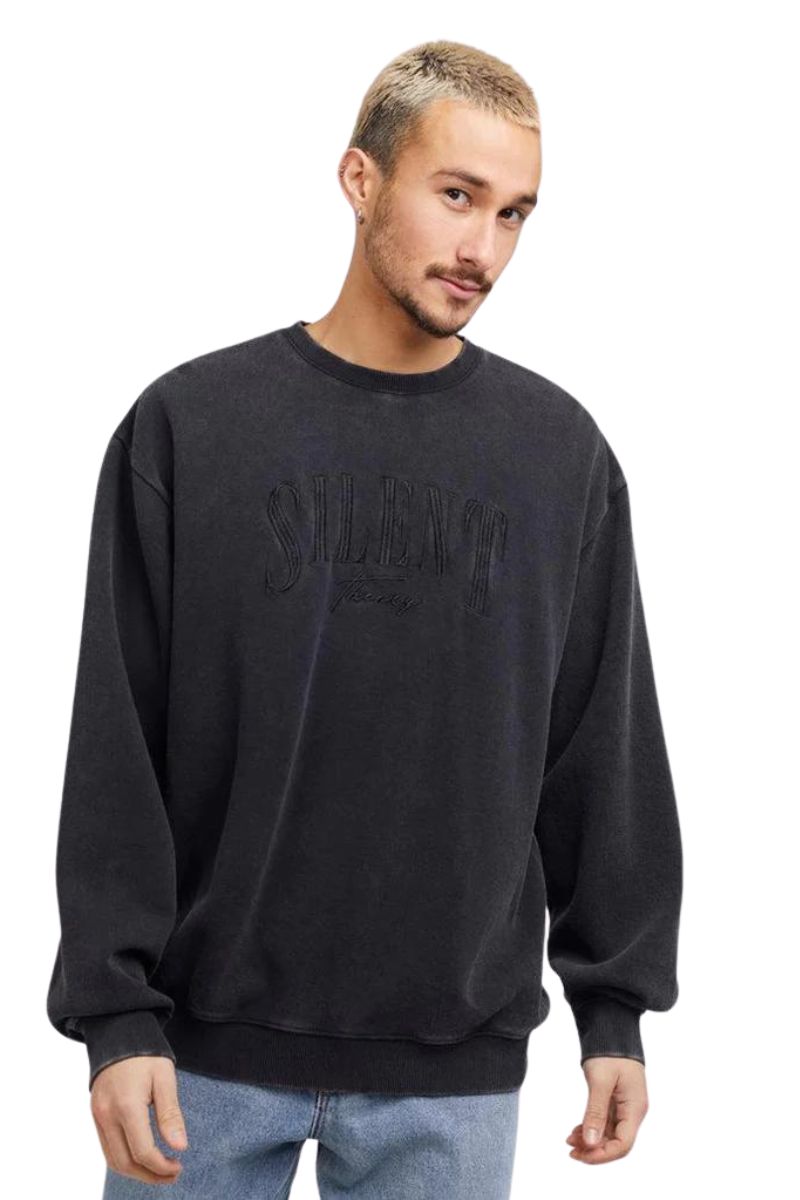 Silent Theory | Mens Embroided Pique Crew (Washed Black)