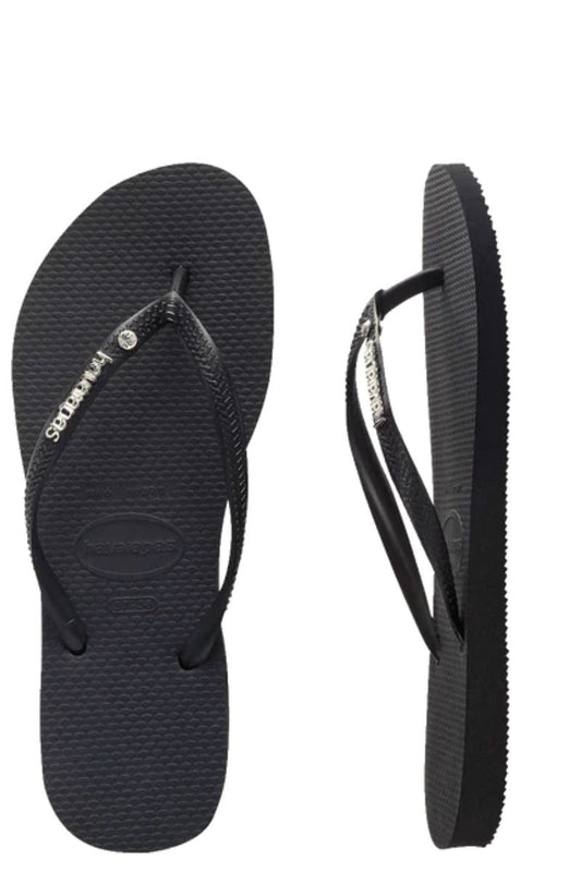 Havaianas | Womens Slim Metal Logo Crystal Thongs (Black/Black)